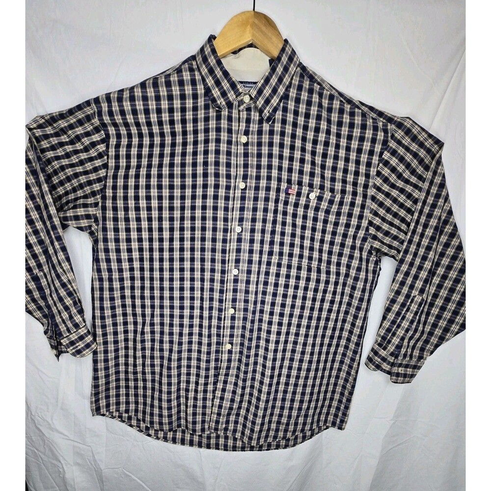 Avalon Collection AC XL Plaid Button Front Long Sleeve Shirt Blue Yellow EUC